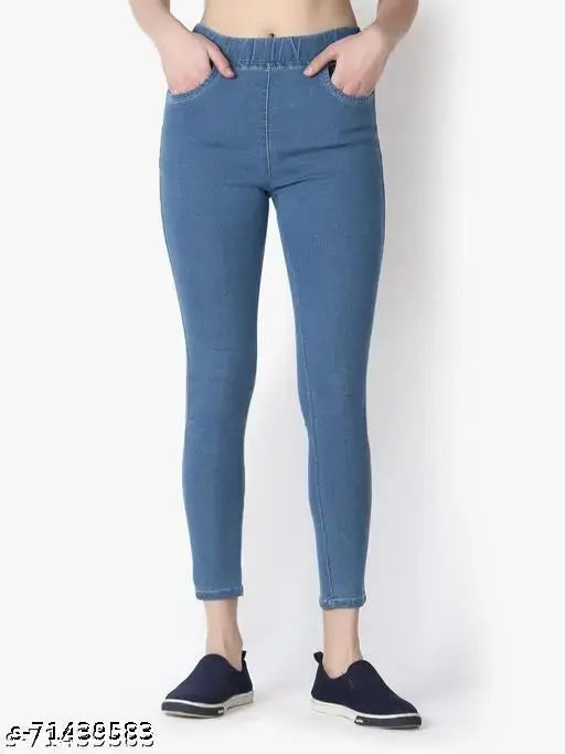 Blue denim ilastic pocket jeggings for women, solid pattern, available in sizes 26, 28, 30, 32, 34, 36, 38, and 40. Made in India