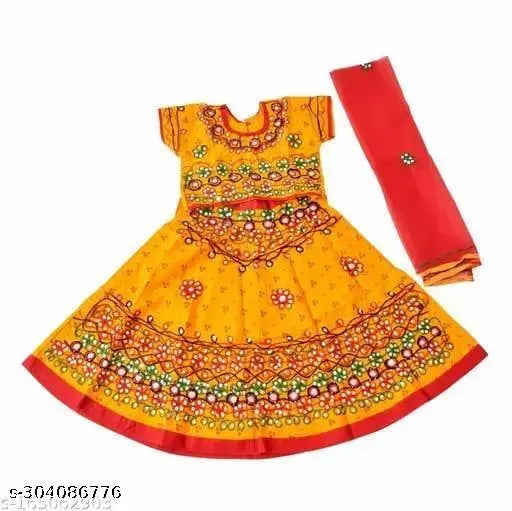 Embroidered rayon lehenga choli for kids in ethnic motif, short-sleeved cotton dupatta. Unstitched, sizes range from 0-3 months to 7-8 years. Made in India