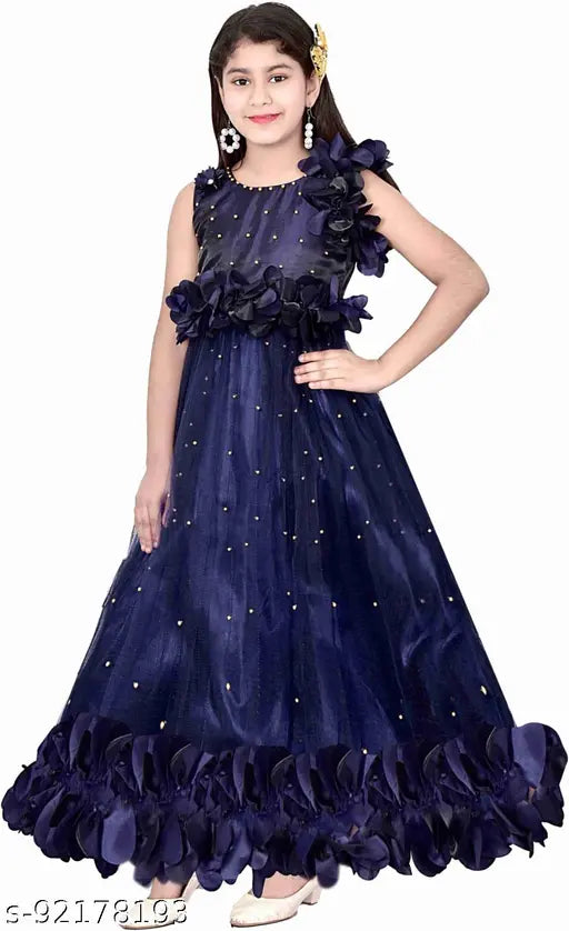 Navy Blue Embellished Net Gown for Girls Party Wear, Trendy Fancy Dress, India Origin