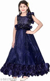 Navy Blue Embellished Net Gown for Girls Party Wear, Trendy Fancy Dress, India Origin