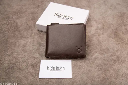 Brown leather bi-fold mens wallet, RFID protected red round zipper design, Hide Horn branded, solid pattern, gift packaging included