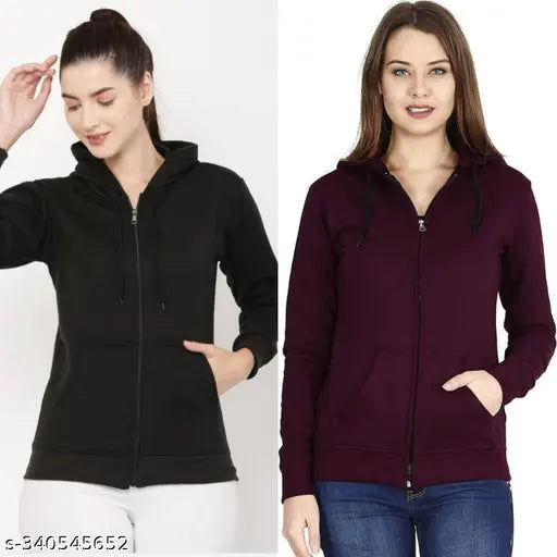 Cotton blend solid color, women's full-zip open sweatshirt with pockets, India origin