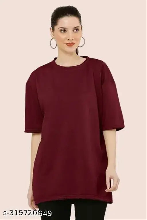 The image shows an oversized, plain t-shirt in a dark red color, likely cotton or a similar fabric, suitable for girls and women, particularly those in plus sizes
