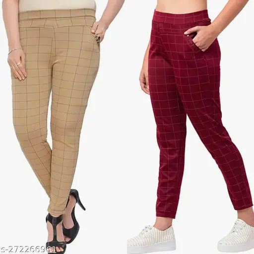 Brown Maroon lycra checkered net stretch jeggings combo for women with double pockets, two pieces, size options available from 24 to 32, made in India