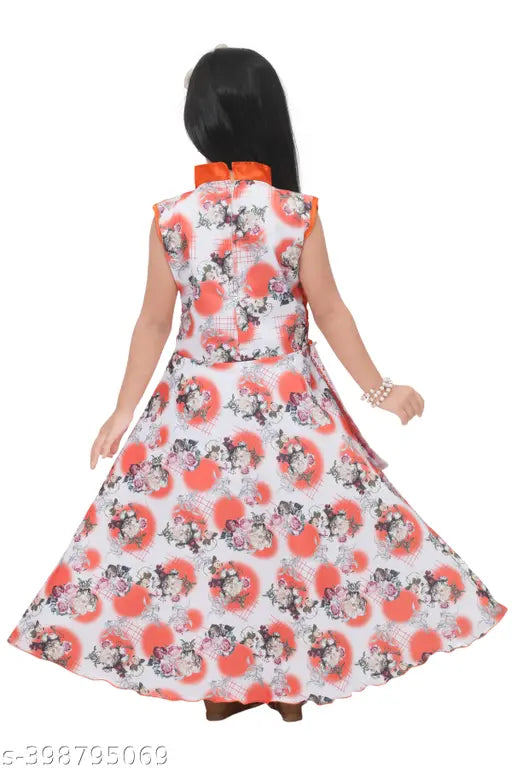 Cotton blend sleeveless digital print gown by S K Fashion, perfect for parties and occasions like Diwali, Navratri, Christmas, or weddings. Fine quality fabric, comfortable and suitable for all seasons. Available sizes range from 2-3 Years to 10-11 Years. Made in India