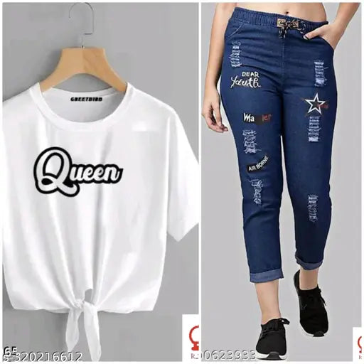 Unique cotton blend t-shirt and demim jogger jeans combo pack2 for women, stylish and comfortable sleeves