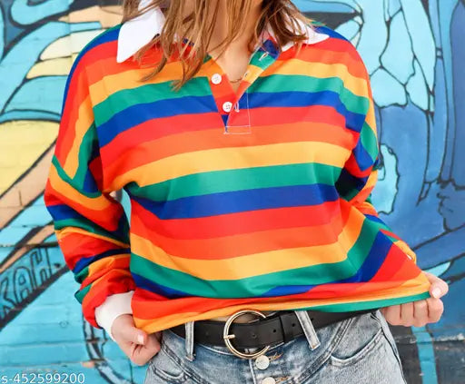 Women's Printed Long Sleeve Collar Casual Outerwear chrop top Women Regular Sleeves Printed Multicolor crop Top Multicoloured Fitted Crop Top Women's Rainbow Crop Top Multicoloured Tie and Dye Crop Top