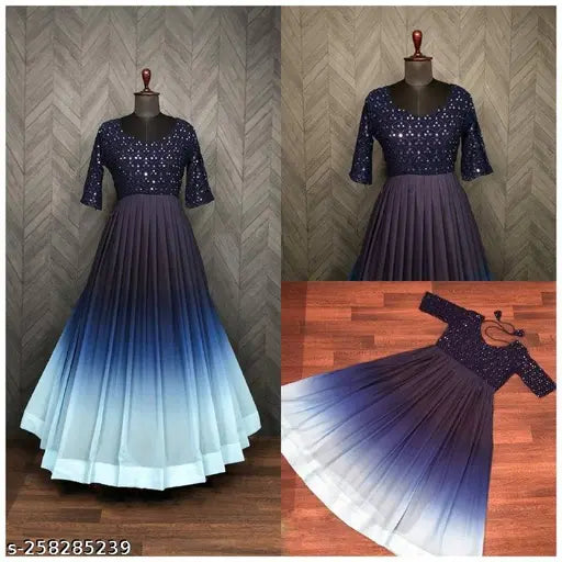 Colorblocked Georgette women's embroidery gown with short sleeves, India-made fashion