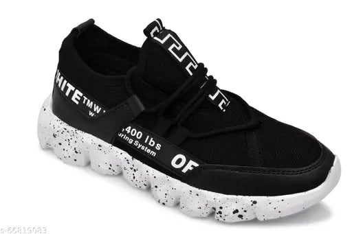Black and white sneakers with a mesh upper and a black sole
