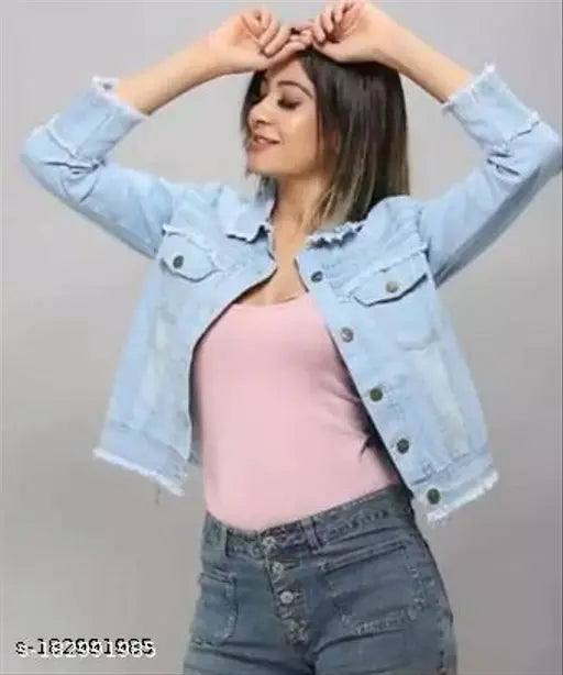 Fashionable solid denim three-quarter sleeve women's jacket from India