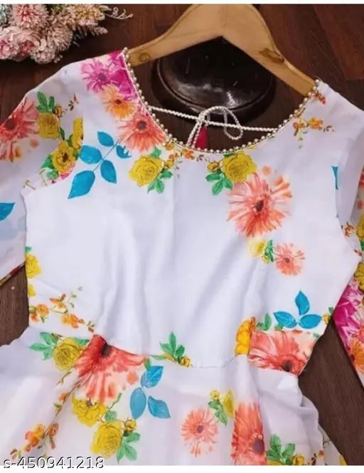 Flower-printed Anarkali kurtis & dupatta set, traditional Indian wedding attire, georgette fabric with long sleeves