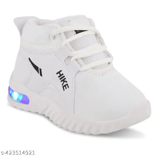 White and black casual sneakers with LED lights, velcro closure for outdoor or indoor wear, suitable for little kids