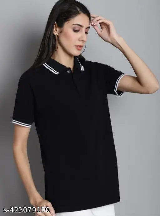 Women's solid polo t-shirt, short sleeves polyester, size M (39in bust, 26in length), India origin