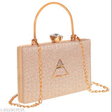 Very stylish small clutch purse, gold sequins, chain shoulder strap