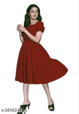Red dress, short sleeve, knee length, flared skirt