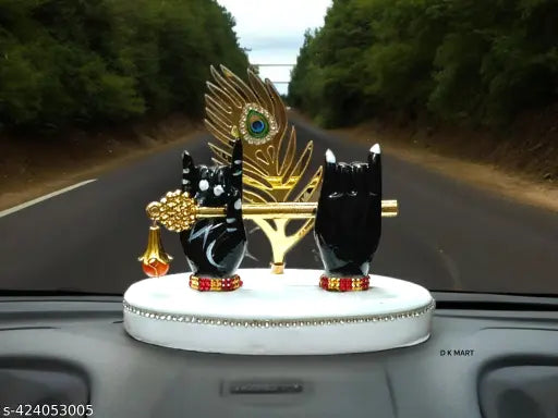 Black & White Mini Krishna Hand Flute Idol for car dashboard or office table, Indian-crafted resin statuette symbolizing protection and blessings