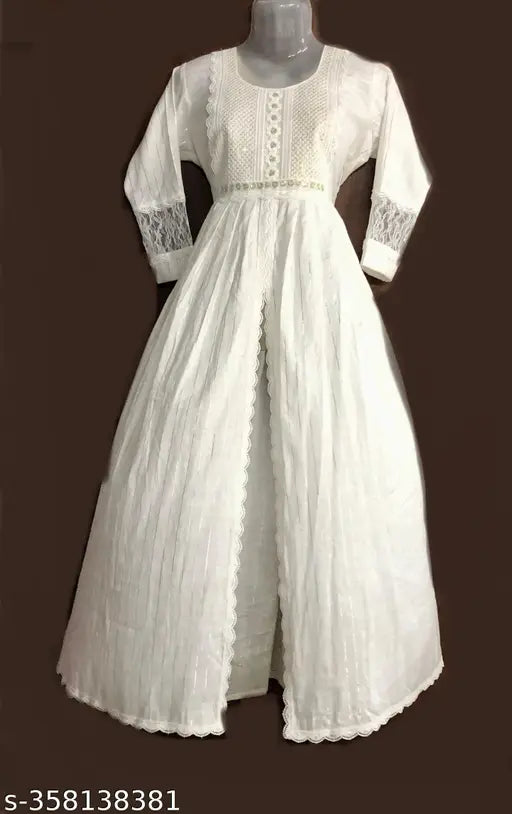 Whit long cotton-blend frock with embroidery, striped, three-quarter sleeves, XS (Bust 44in, Length 48in), quality stitching, comfortable fabric