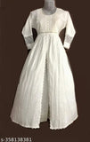 Whit long cotton-blend frock with embroidery, striped, three-quarter sleeves, XS (Bust 44in, Length 48in), quality stitching, comfortable fabric