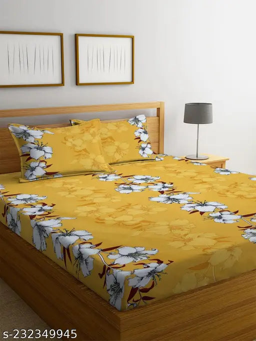 Glace cotton floral printed queen size double bedsheet with elastic fit and 2 pillow covers, lightweight & easy to wash at home