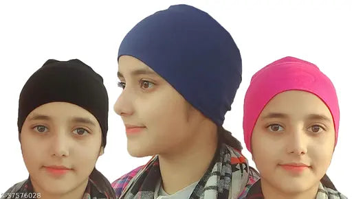 Viscose hijab with underscarf headbands in black, blue, and pink under a scarf cap