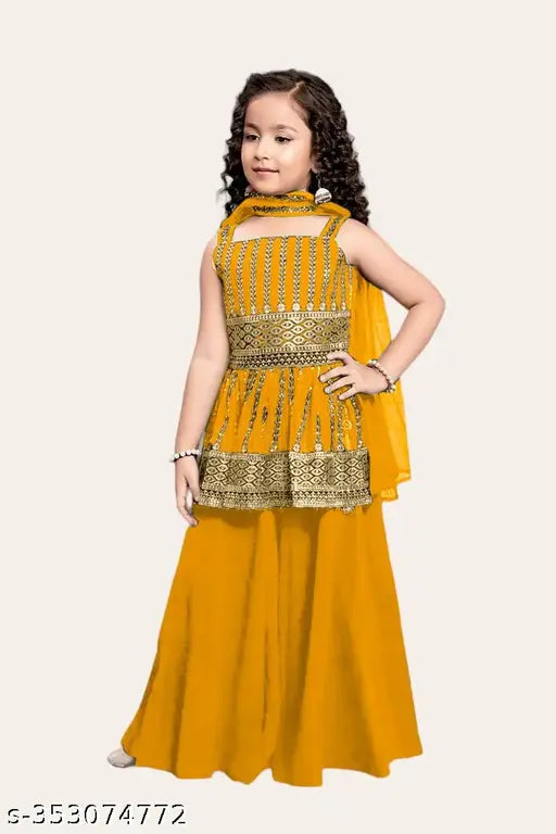 Embroidered crepe palazzo with dupatta in parrot mustard color for kids, A-line floor length top with sleeveless style, Indian traditional clothing for 2-3 to 10-11 years old children