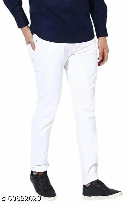 White cotton blend jeans, solid pattern for men's wardrobe, fits sizes 28-36