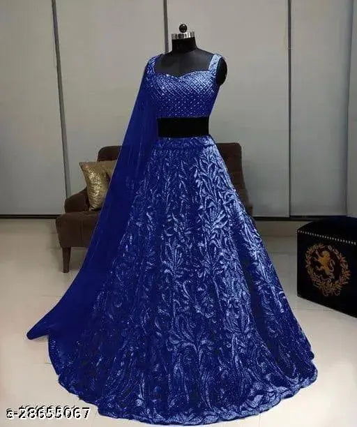 Net lehenga choli dupatta for women, embroidered and lace-patterned Indian wedding attire. Hand wash for best care." (124 characters)