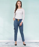 Blue stretchy premium denim cargo pants, baggy fit, plus size, women's, elastic waist, ankle cuffs