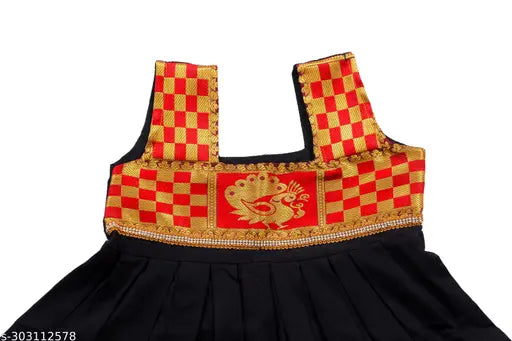 Baby girl festival wear, silk and cotton outfit with red and gold checkered trim