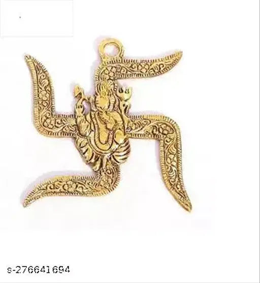 Gold Swastik Ganesha Wall Hanging, Indian metal decorative door side hanging for home, elegant Ganpati idol on display