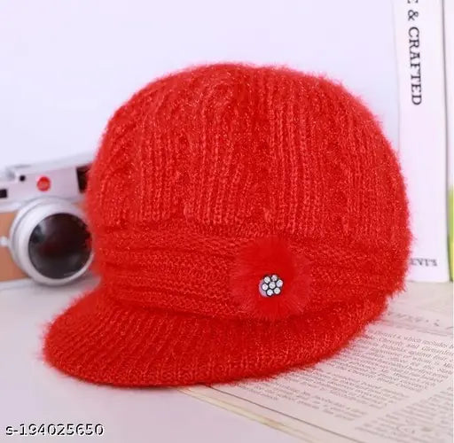 Woolen red beanie cap with pom pom detail