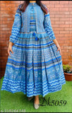 Aqua blue plus size long kurta with jacket, cotton, three-quarter sleeves, printed