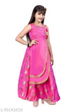 Pink poly silk embellished net IndoWestern princess gown for girls, full-length party wear ethnic attire