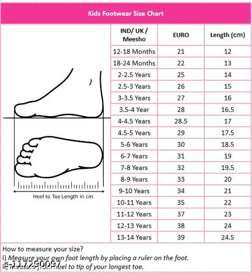 Pink and green sandals for kids on size chart, measuring from 12cm to 30cm in length, 6-7 years old with Euro sizes ranging from 12 to 18 months