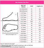 Pink and green sandals for kids on size chart, measuring from 12cm to 30cm in length, 6-7 years old with Euro sizes ranging from 12 to 18 months