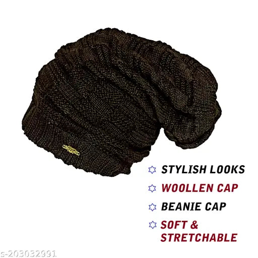 Black long woolen beanie cap with fur inner side, stylish and trendy unisex design, ideal for winter wear