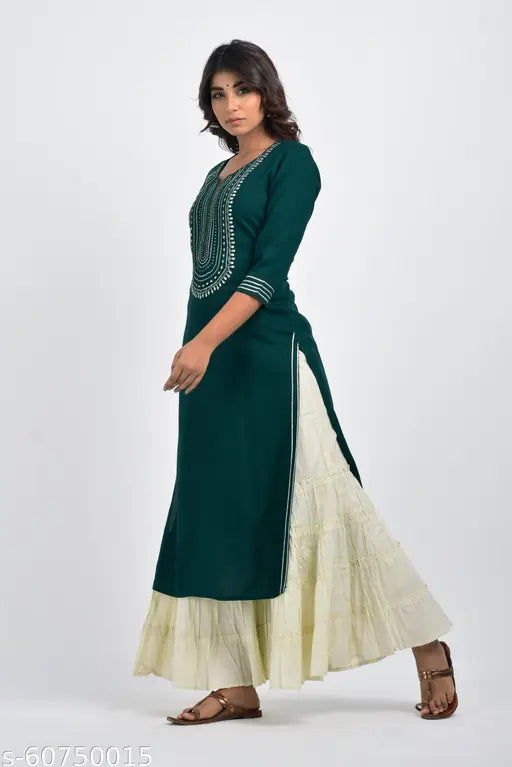 Green embroidered plus-size rayon straight kurta, ideal for women's fashion, three-quarter sleeves