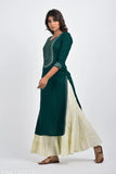 Green embroidered plus-size rayon straight kurta, ideal for women's fashion, three-quarter sleeves