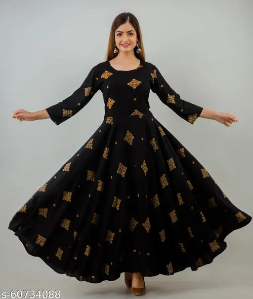 Black long kurta, embroidered anarkali style, women's party wear