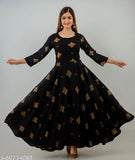 Black long kurta, embroidered anarkali style, women's party wear