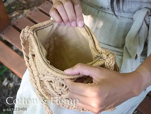 Handcrafted macramé sling purse, bohemian style, cross-body design, lined interior, size 97 inches