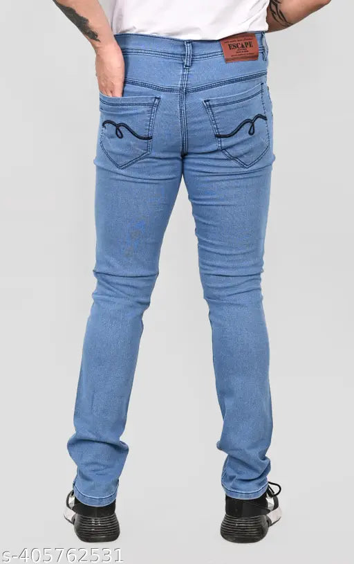 Light blue denim jeans for men, 98% cotton, mid-rise, five-pocket style with subtle distressing. Ideal for a sleek silhouette and versatile wardrobe
