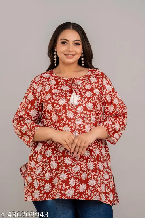 Plus size rayon wine color short kurti, fashionable printed flared design in Indian origin, perfect for accessorized style