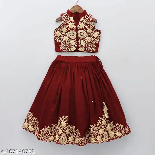 Cotton silk embroidered sleeveless girls' lehenga choli set, taffeta silk with varied sizes from 2-3 years to 7-8 years
