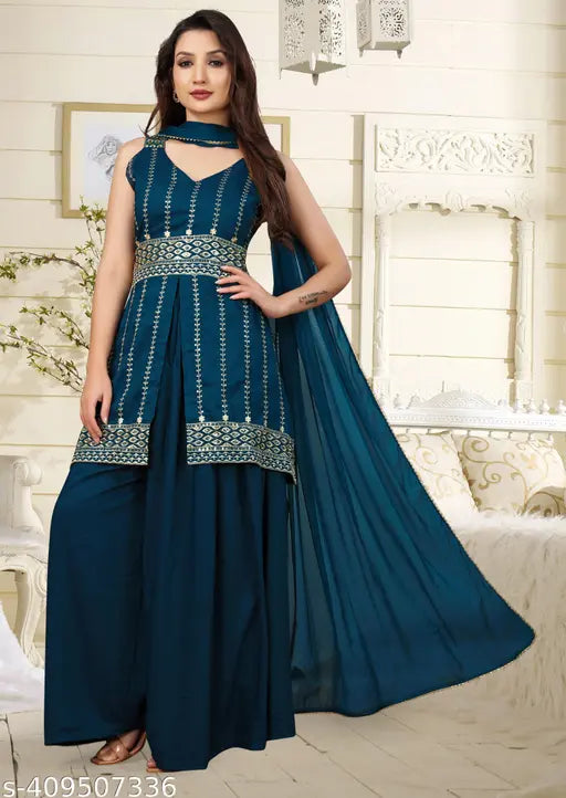 Exquisite Rayon Women's Kurti set with Dupatta and Bottomwear, intricate Zari embroidery, Bollywood-inspired fashion, various sizes available (India origin)