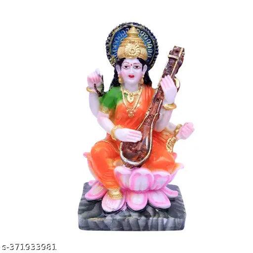 Marble Saraswati statue showpiece sculpture, intricately hand-painted, suitable for puja or home decor