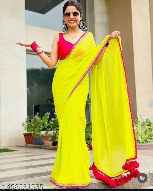 Yellow and red georgette saree with embroidery work, blouse piece with matching embroidery