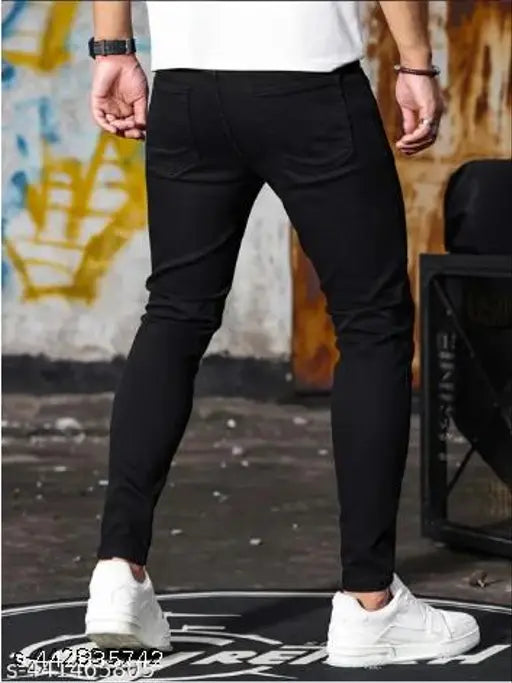 Black knee-cut jeans, denim solid, men's monk style from SHRIRADHE ENTERPRISES. Fits perfectly, 30 waist x 39 length x 31 hip. Made in India