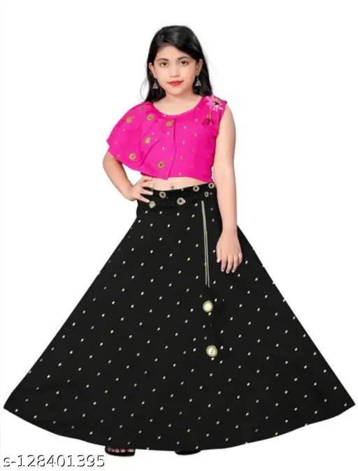 Girls embellished silk-cotton lehenga choli, Indian ethnic wear for ages 2-15, mirror-embellished, fitted waist, round neck, sleeveless, flared shape