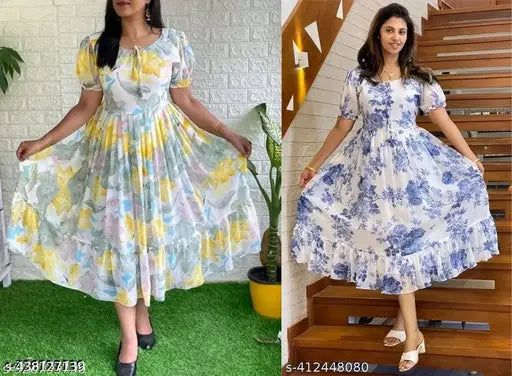 Assorted printed georgette western gowns for women (S-XXL), elegant short-sleeved dresses for parties, Indian origin